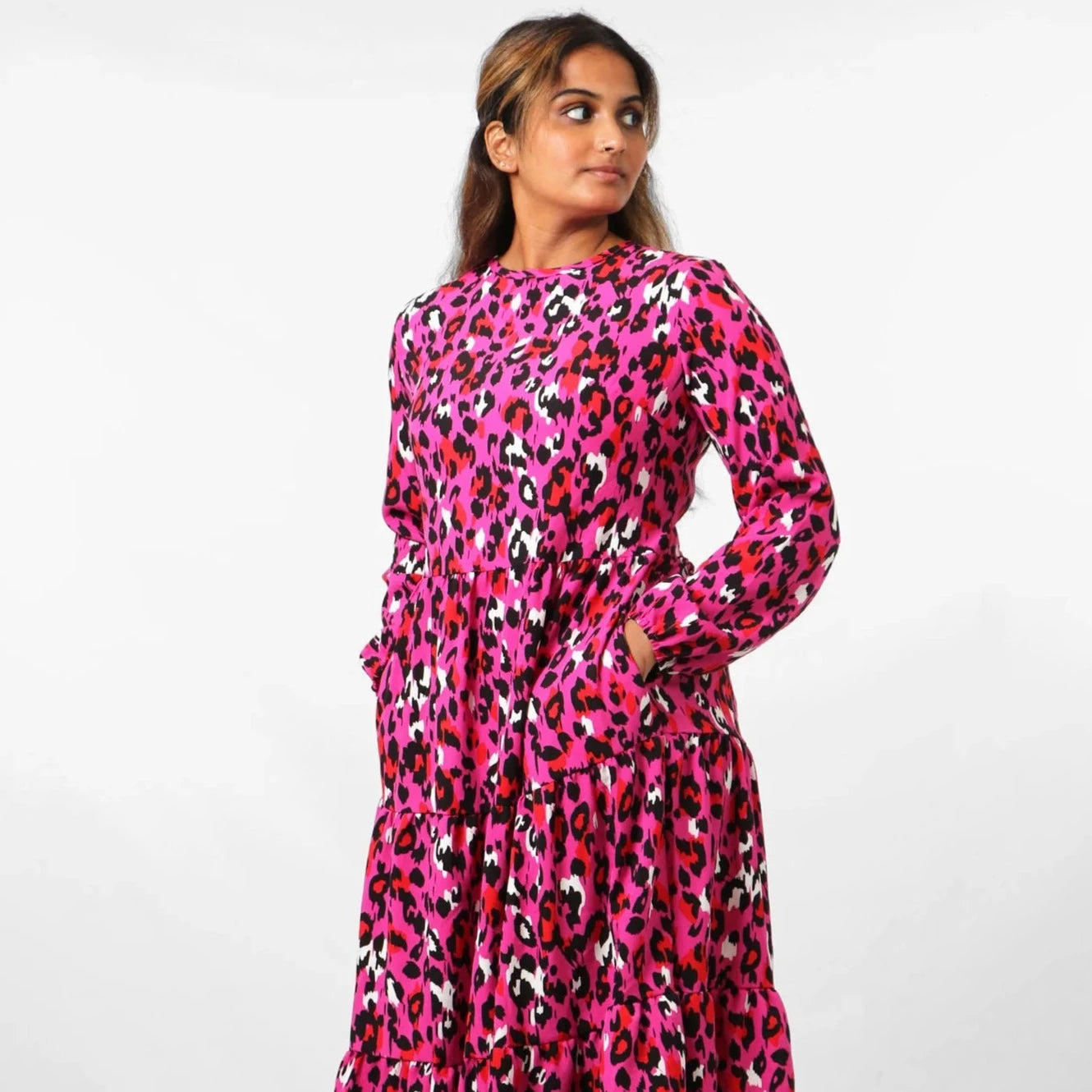 Orla - Cerise Pink Animal Print Tiered Dress