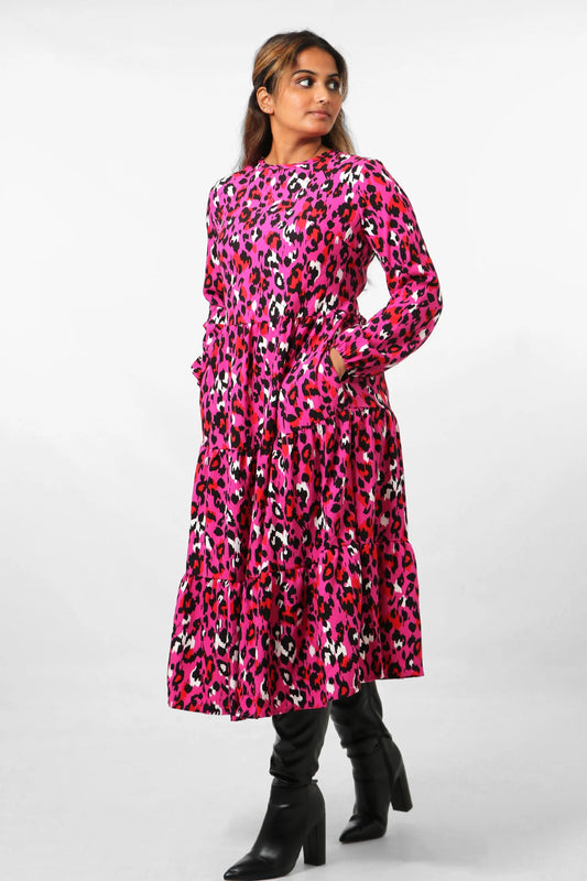 Orla - Cerise Pink Animal Print Tiered Dress